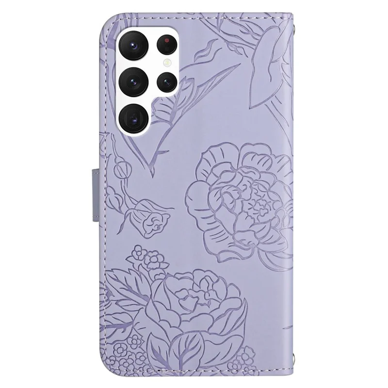 HT03 For Samsung Galaxy S24 Ultra Case Cell Phone Imprinted PU Leather Cover with Long Strap - Purple