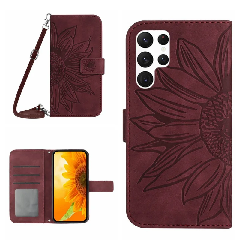 HT04 Für Samsung Galaxy S24 Ultra Hülle Sonnenblume Prägung Leder Handyhülle mit Schultergurt - Weinrot