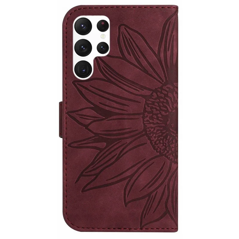 HT04 Für Samsung Galaxy S24 Ultra Hülle Sonnenblume Prägung Leder Handyhülle mit Schultergurt - Weinrot