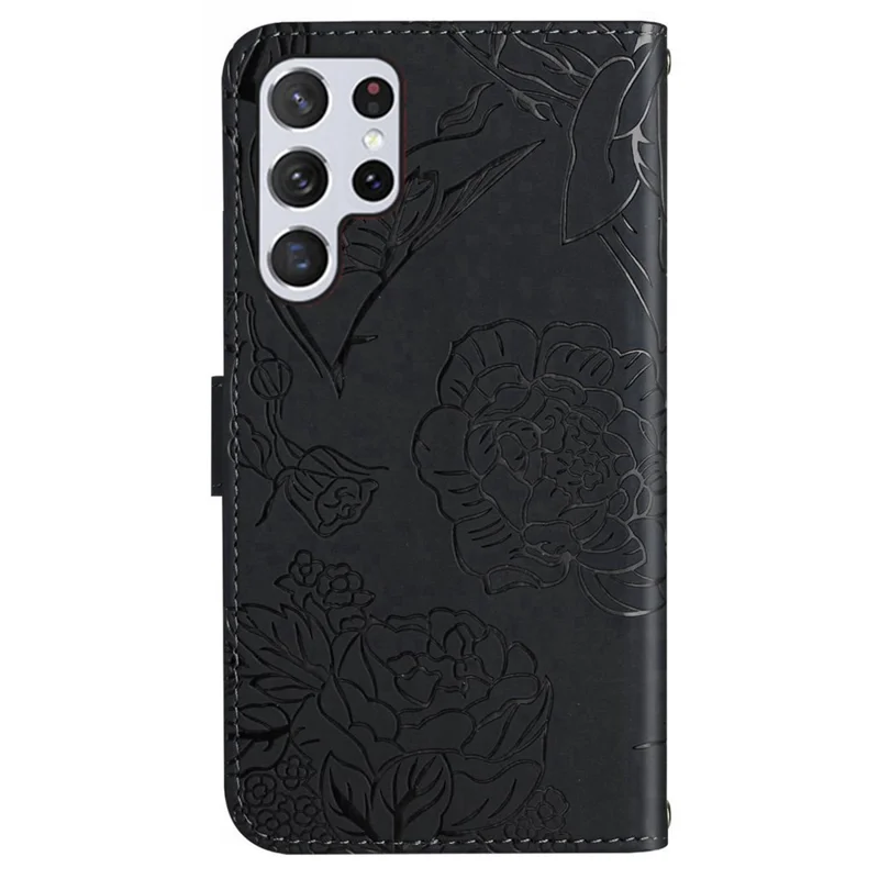 HT03 For Samsung Galaxy S24 Ultra Cover Leather Stand Phone Case with Wrist Strap - Black