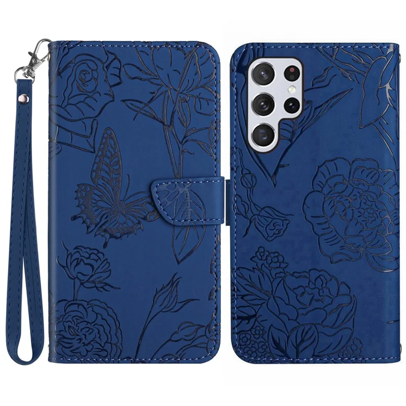 HT03 For Samsung Galaxy S24 Ultra Cover Leather Stand Phone Case with Wrist Strap - Blue