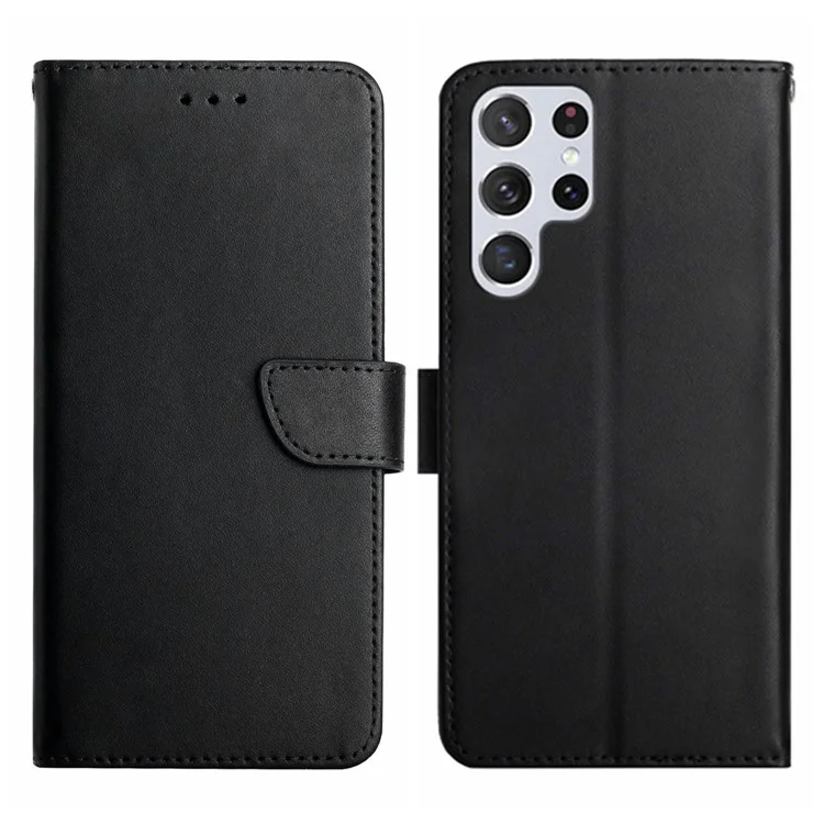 HT02 For Samsung Galaxy S24 Ultra Case Folio Flip Genuine Cow Leather Phone Cover - Black