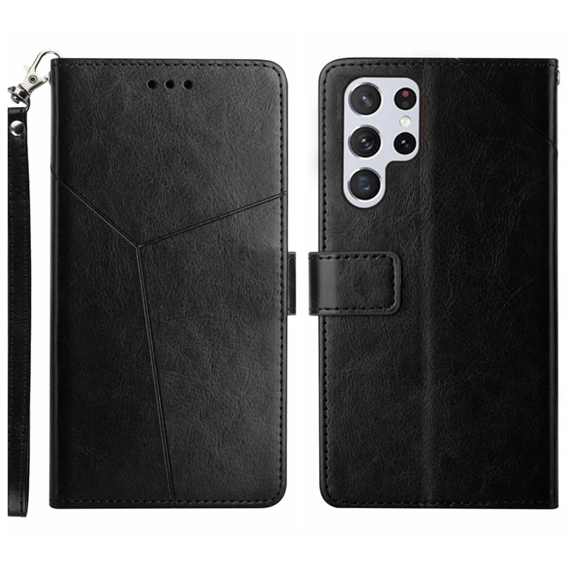 For Samsung Galaxy S24 Ultra Case with Wrist Strap Y Shaped Lines Imprint Leather Phone Cover - Black