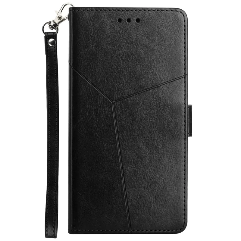 For Samsung Galaxy S24 Ultra Case with Wrist Strap Y Shaped Lines Imprint Leather Phone Cover - Black