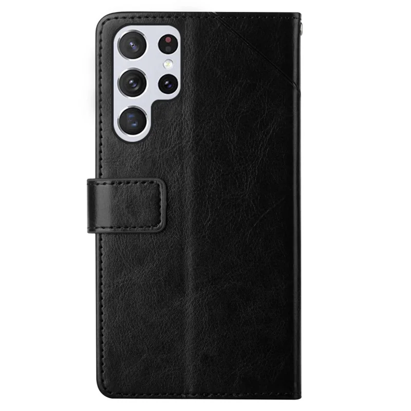 For Samsung Galaxy S24 Ultra Case with Wrist Strap Y Shaped Lines Imprint Leather Phone Cover - Black
