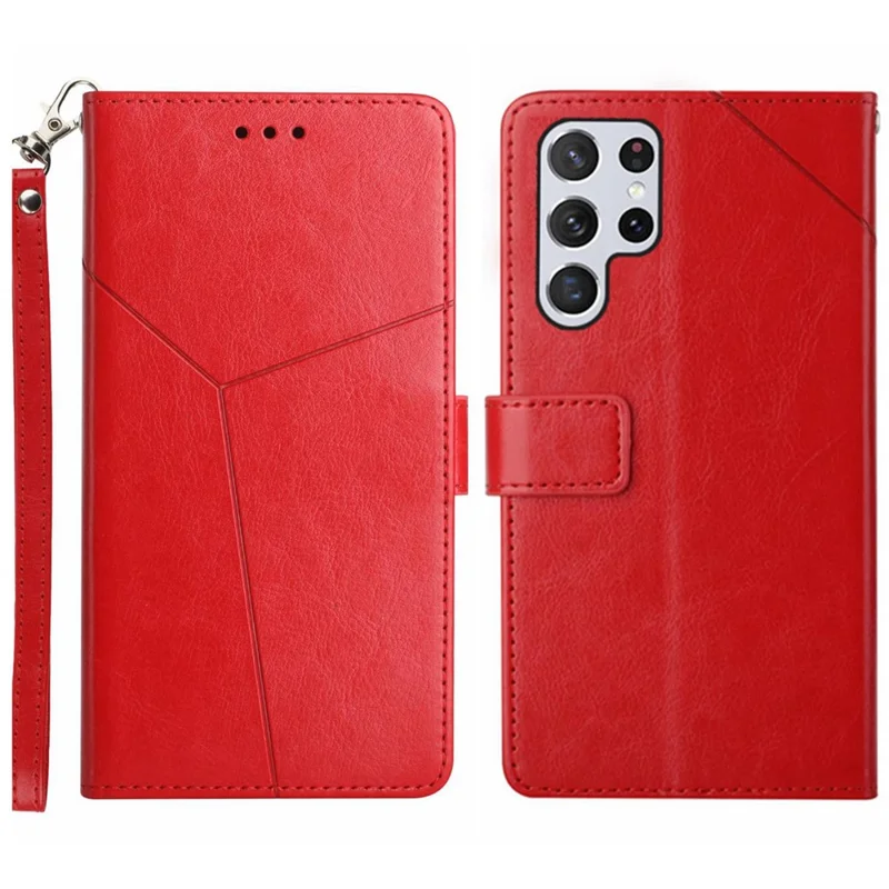 For Samsung Galaxy S24 Ultra Case with Wrist Strap Y Shaped Lines Imprint Leather Phone Cover - Red