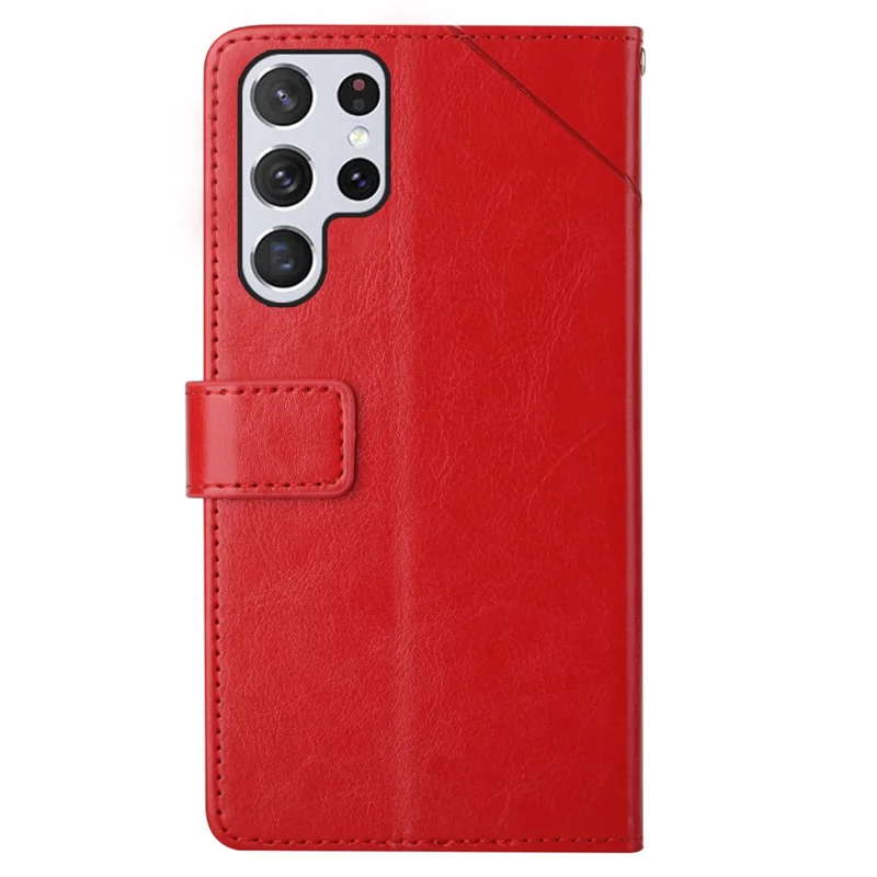 For Samsung Galaxy S24 Ultra Case with Wrist Strap Y Shaped Lines Imprint Leather Phone Cover - Red