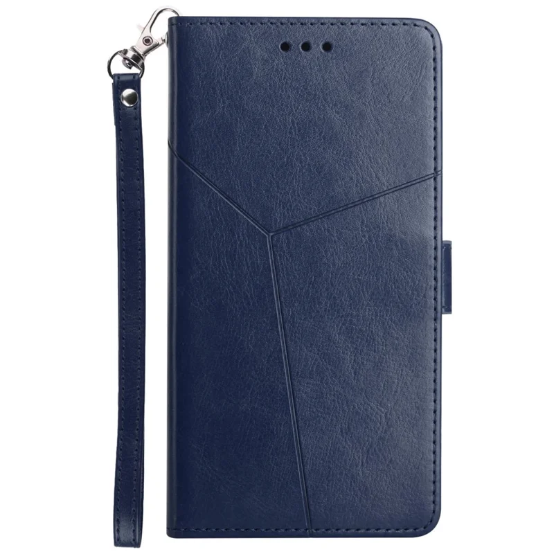 For Samsung Galaxy S24+ Case with Wrist Strap Y Shaped Lines Imprint Leather Phone Cover - Blue