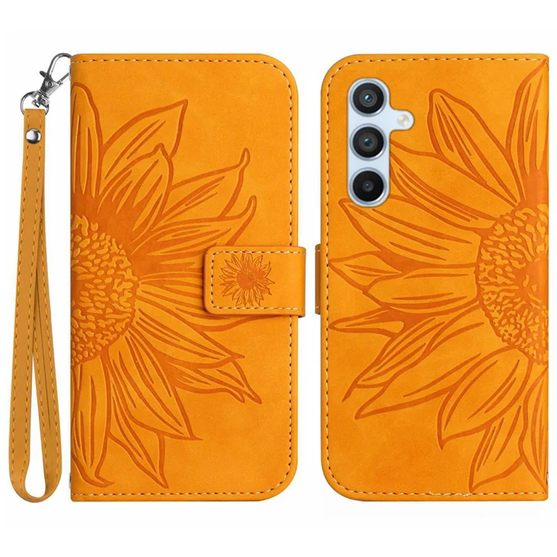 HT04 til Samsung Galaxy S24 Cover Drop Proof PU-læder telefonbeskytning med håndledsrem - Gul