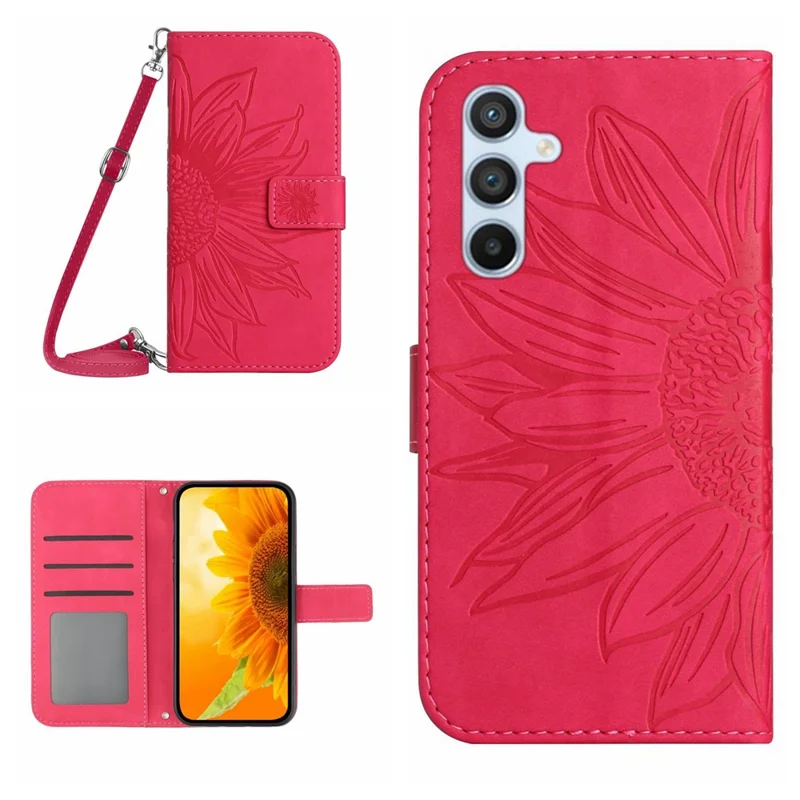 HT04 For Samsung Galaxy A15 4G Case Sunflower Imprint Wallet Cover with Shoulder Strap - Rose