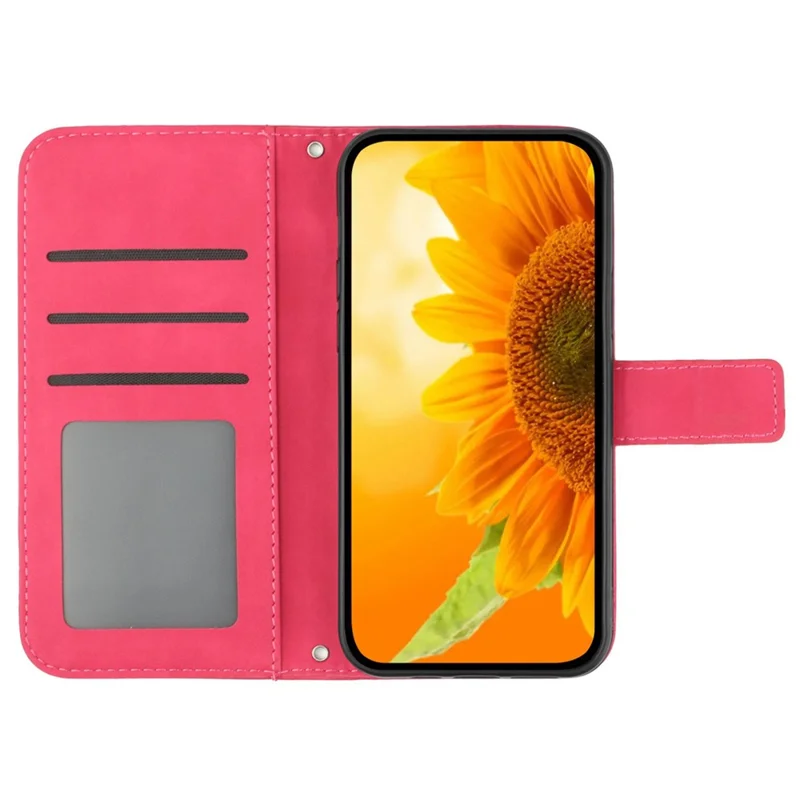 HT04 For Samsung Galaxy A15 4G Case Sunflower Imprint Wallet Cover with Shoulder Strap - Rose