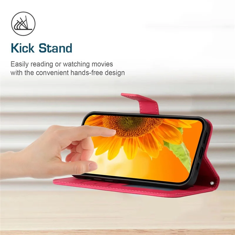 HT04 For Samsung Galaxy A15 4G Case Sunflower Imprint Wallet Cover with Shoulder Strap - Rose