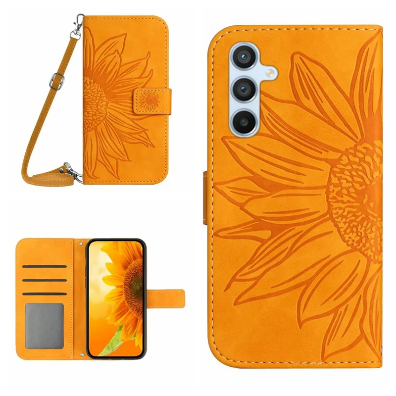 HT04 Para Samsung Galaxy S24+ Capa Girassol Impressão Shell Couro com Alça de Ombro - Amarelo