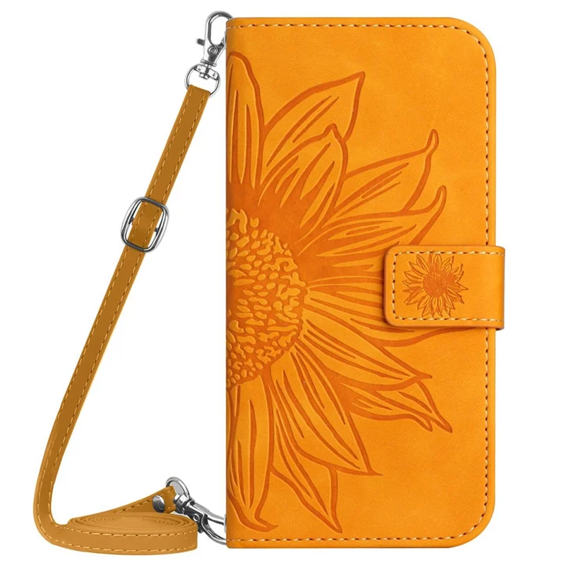 HT04 Para Samsung Galaxy S24+ Capa Girassol Impressão Shell Couro com Alça de Ombro - Amarelo