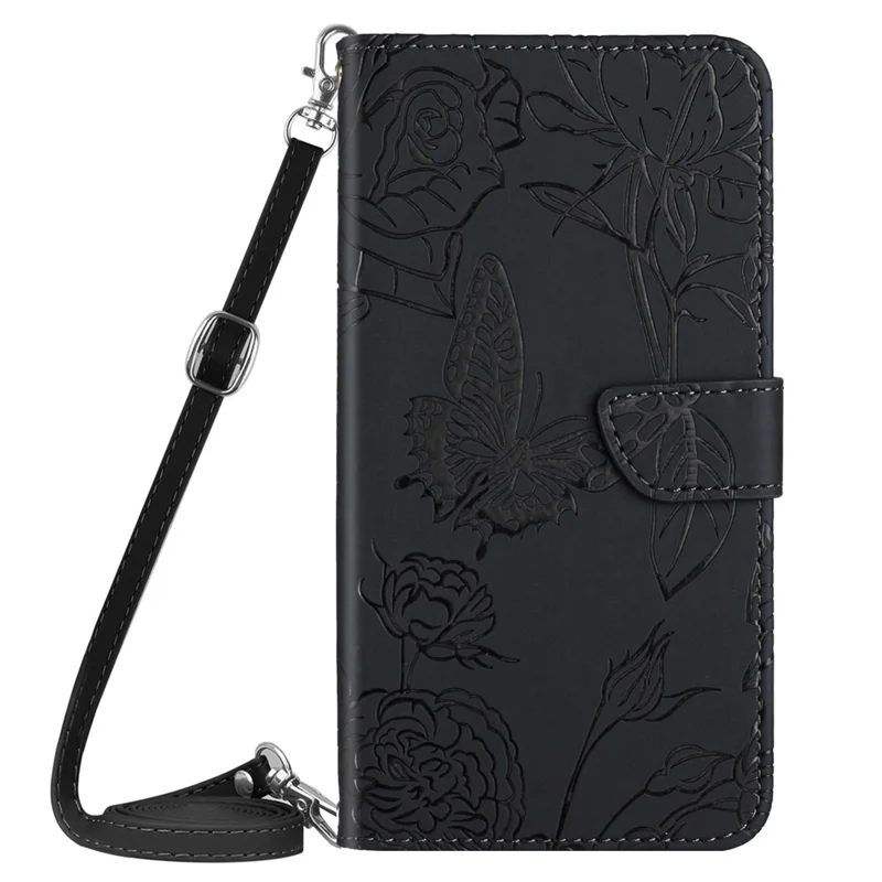 HT03 For Samsung Galaxy S24 Case Imprinted PU Leather Phone Wallet Cover with Shoulder Strap - Black