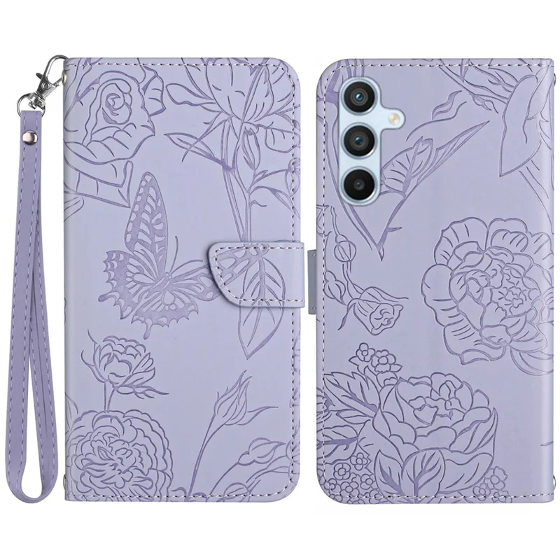 HT03 For Samsung Galaxy S24 Cover PU Leather Flower Imprint Phone Case with Wrist Strap - Purple