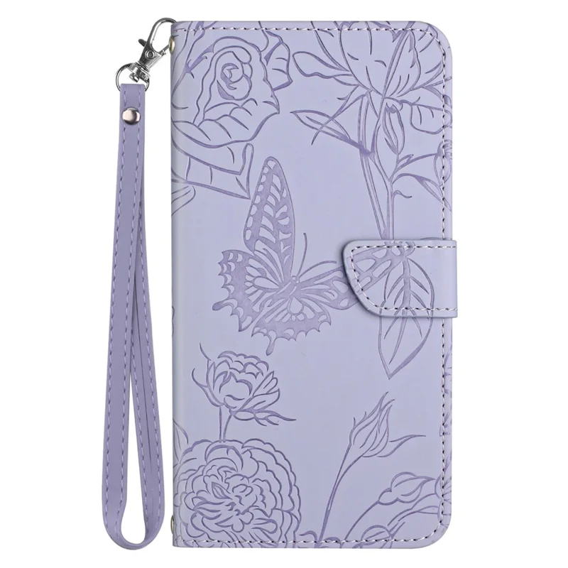 HT03 For Samsung Galaxy S24 Cover PU Leather Flower Imprint Phone Case with Wrist Strap - Purple