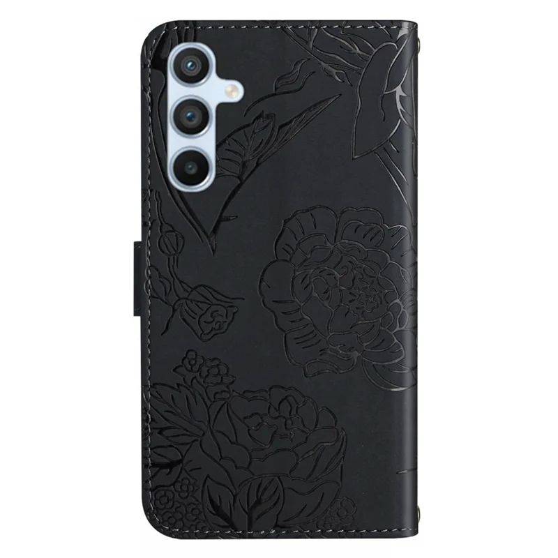 HT03 til Samsung Galaxy S24 Cover PU-læder Blomstertryk Telefonbeskyttelse med håndloe - Sort