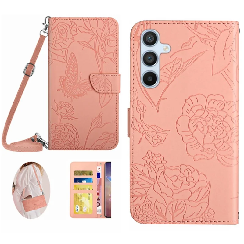 HT03 For Samsung Galaxy A15 4G Case Imprinted Leather Protective Phone Cover with Long Strap - Pink