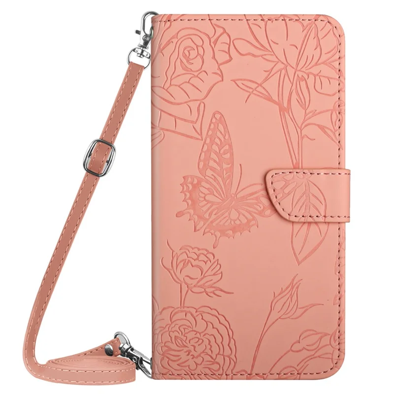 HT03 For Samsung Galaxy A15 4G Case Imprinted Leather Protective Phone Cover with Long Strap - Pink