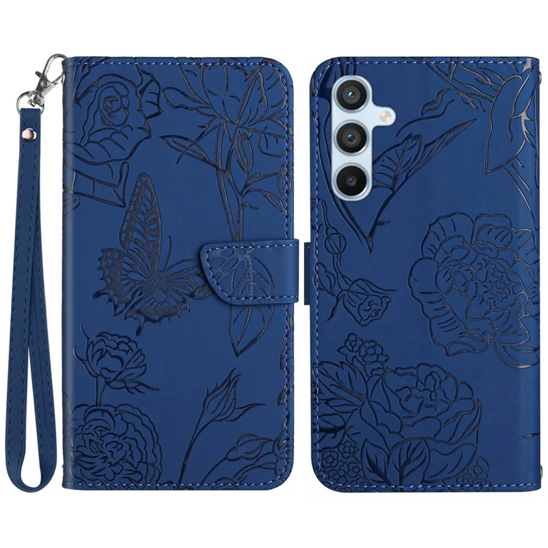 HT03 For Samsung Galaxy S24+ Case Leather Wallet Imprinted Cellphone Cover with Hand Strap - Blue