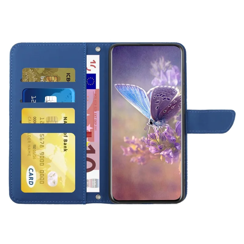 HT03 For Samsung Galaxy S24+ Case Leather Wallet Imprinted Cellphone Cover with Hand Strap - Blue