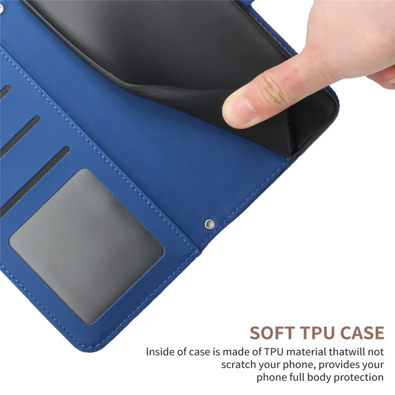 HT03 For Samsung Galaxy S24+ Case Leather Wallet Imprinted Cellphone Cover with Hand Strap - Blue