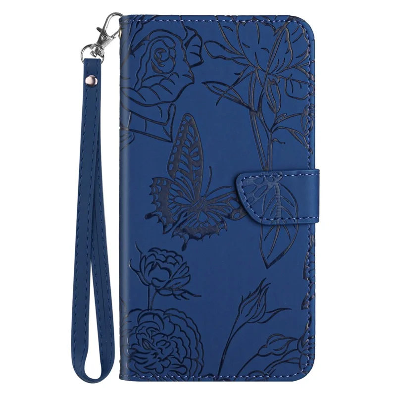 HT03 For Samsung Galaxy S24+ Case Leather Wallet Imprinted Cellphone Cover with Hand Strap - Blue