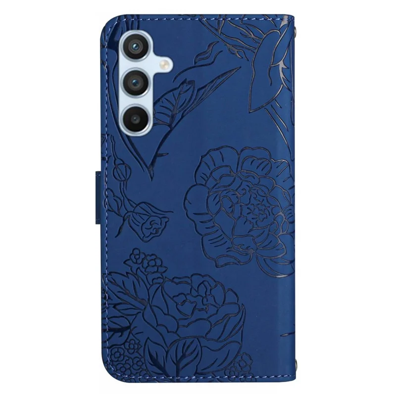 HT03 For Samsung Galaxy S24+ Case Leather Wallet Imprinted Cellphone Cover with Hand Strap - Blue