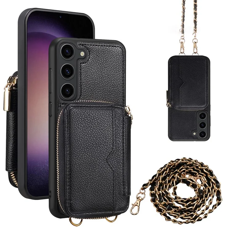 Para Samsung Galaxy S24+ Case Kickstand Cover PU Leather+TPU Zipper Wallet with Chain Strap - Black