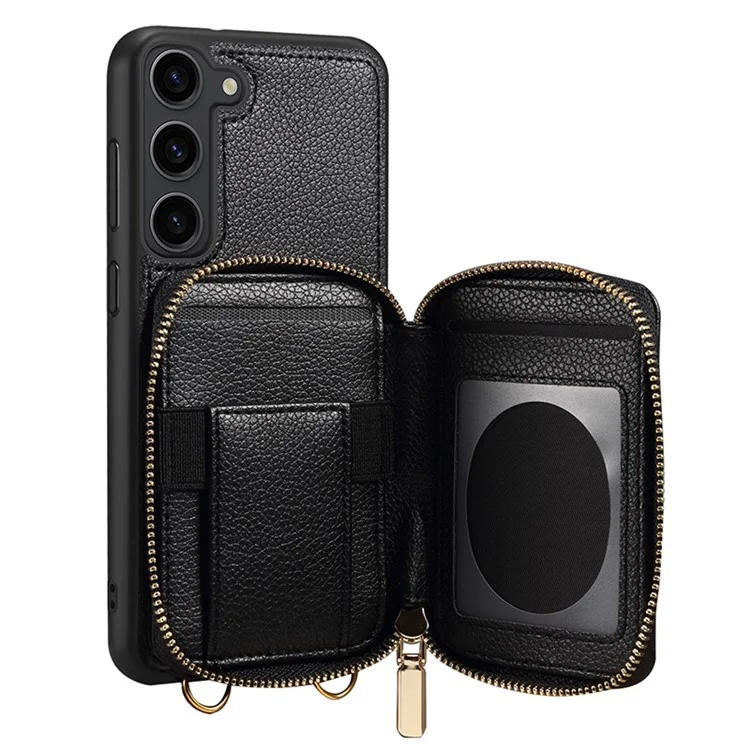 Para Samsung Galaxy S24+ Case Kickstand Cover PU Leather+TPU Zipper Wallet with Chain Strap - Black