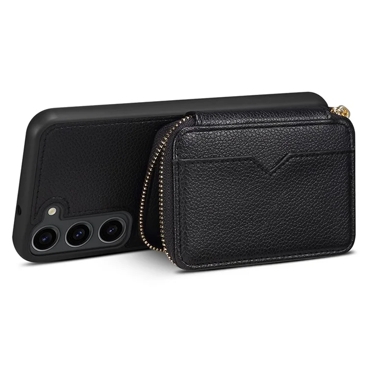 Para Samsung Galaxy S24+ Case Kickstand Cover PU Leather+TPU Zipper Wallet with Chain Strap - Black