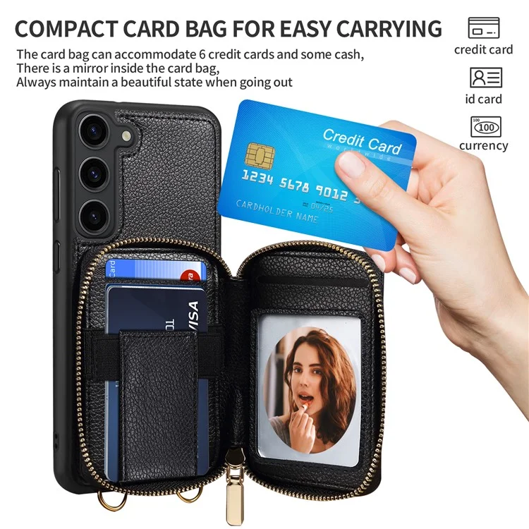 Para Samsung Galaxy S24+ Case Kickstand Cover PU Leather+TPU Zipper Wallet with Chain Strap - Black