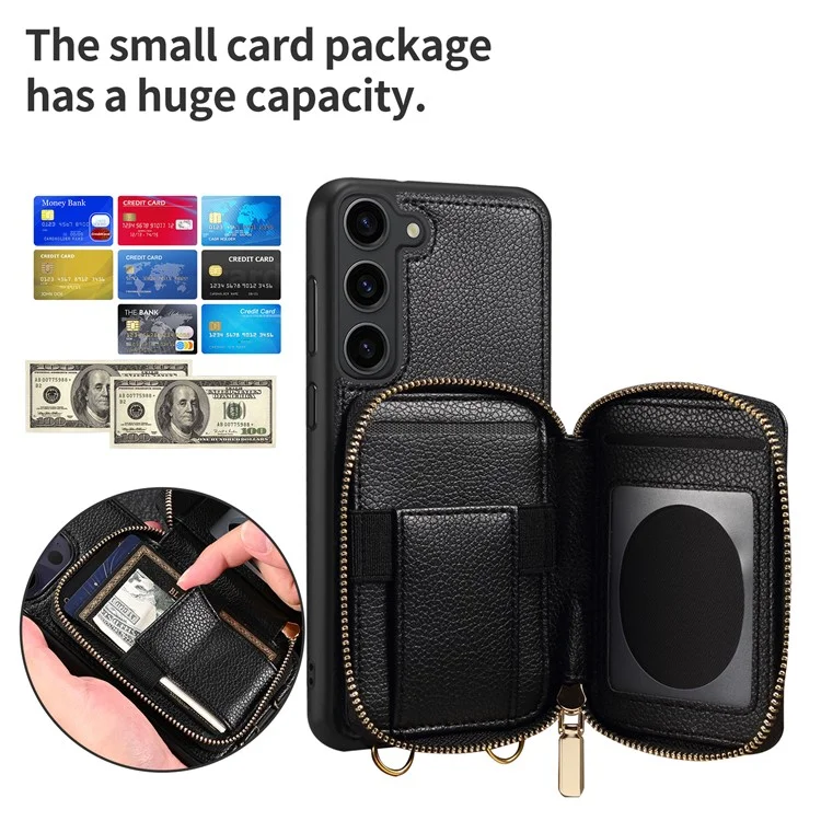 Para Samsung Galaxy S24+ Case Kickstand Cover PU Leather+TPU Zipper Wallet with Chain Strap - Black
