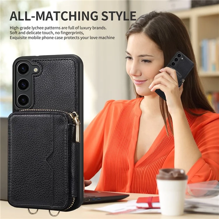 Para Samsung Galaxy S24+ Case Kickstand Cover PU Leather+TPU Zipper Wallet with Chain Strap - Black