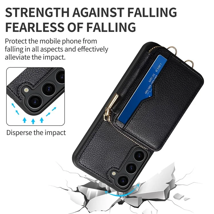 Para Samsung Galaxy S24+ Case Kickstand Cover PU Leather+TPU Zipper Wallet with Chain Strap - Black