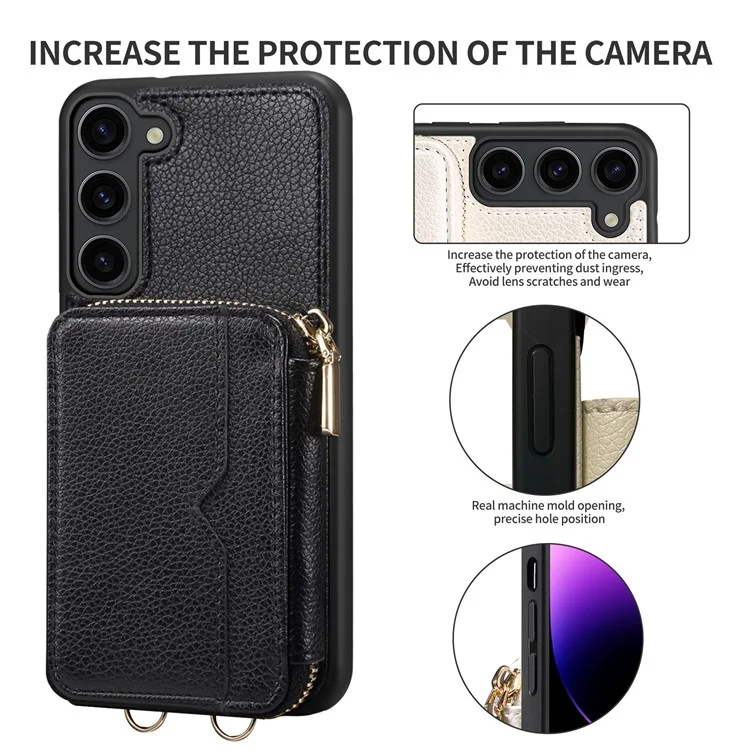 Para Samsung Galaxy S24+ Case Kickstand Cover PU Leather+TPU Zipper Wallet with Chain Strap - Black