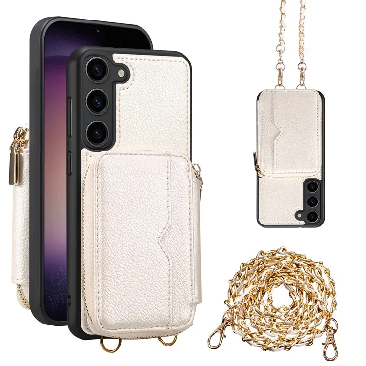 Per Samsung Galaxy S24 Case PU Leather+TPU Zipper Wallet Kickstand Cover with Chain Strap - White