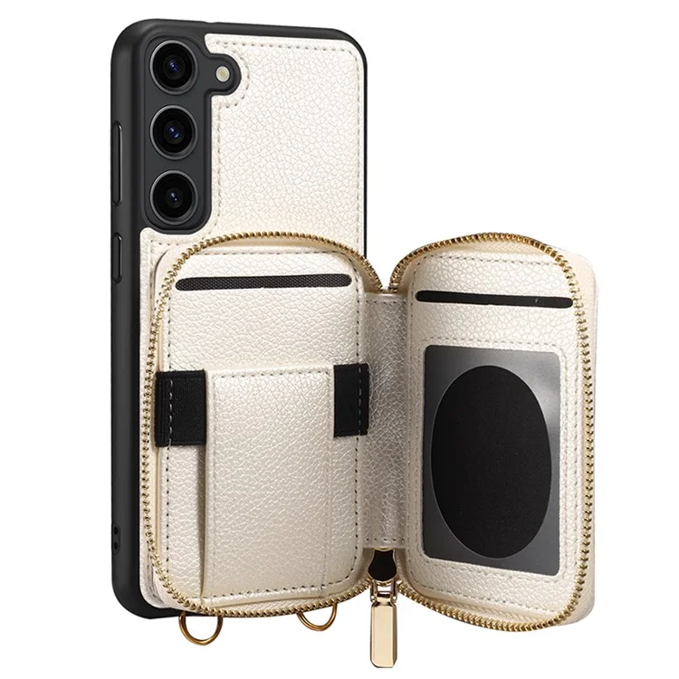 Per Samsung Galaxy S24 Case PU Leather+TPU Zipper Wallet Kickstand Cover with Chain Strap - White