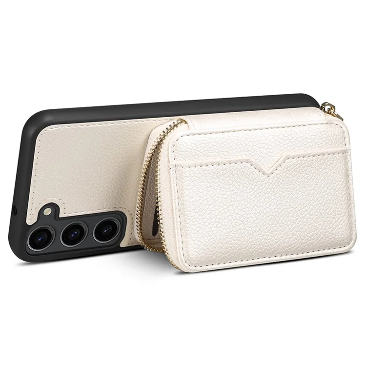 Per Samsung Galaxy S24 Case PU Leather+TPU Zipper Wallet Kickstand Cover with Chain Strap - White