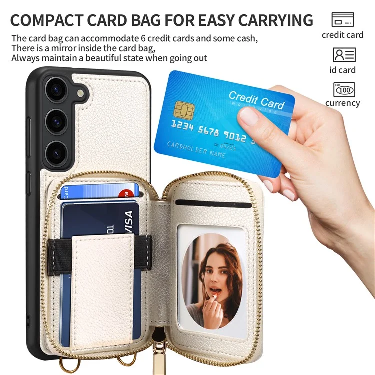 Per Samsung Galaxy S24 Case PU Leather+TPU Zipper Wallet Kickstand Cover with Chain Strap - White