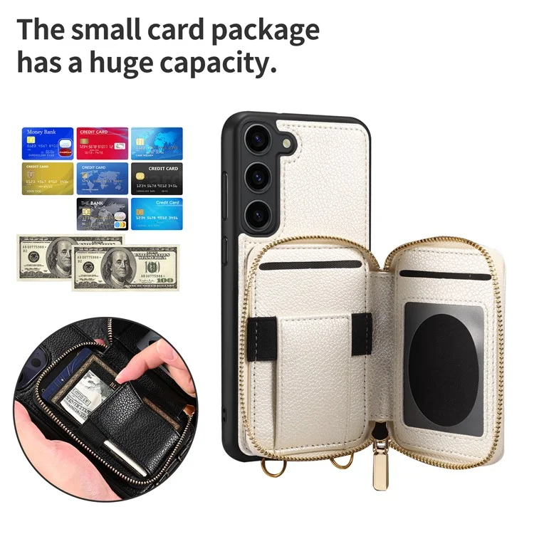 Per Samsung Galaxy S24 Case PU Leather+TPU Zipper Wallet Kickstand Cover with Chain Strap - White
