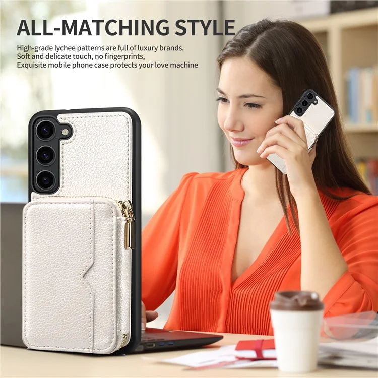 Per Samsung Galaxy S24 Case PU Leather+TPU Zipper Wallet Kickstand Cover with Chain Strap - White