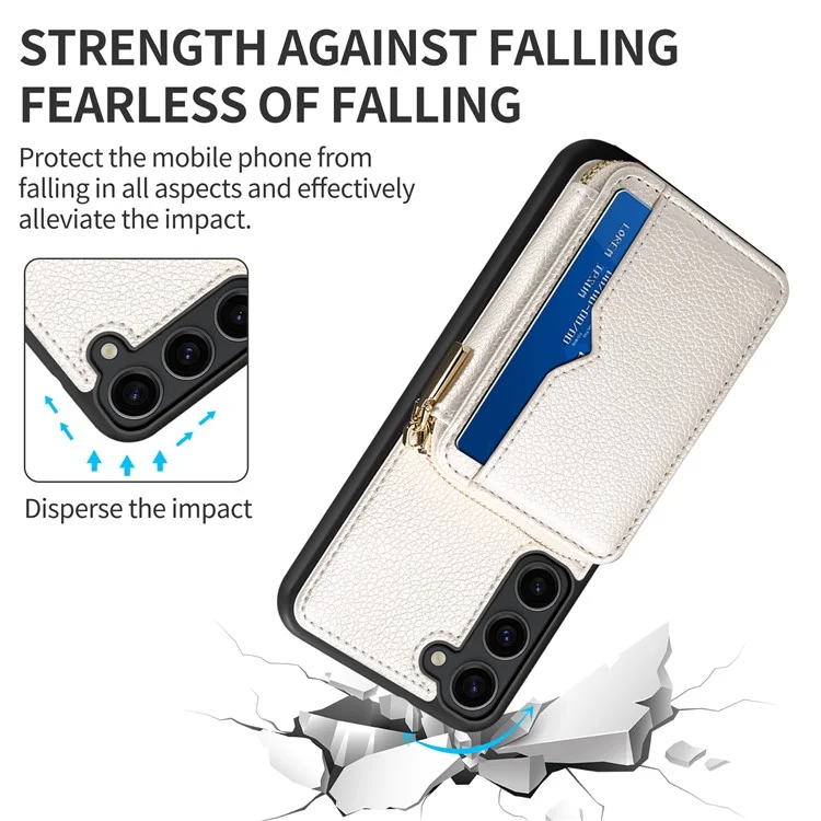 Per Samsung Galaxy S24 Case PU Leather+TPU Zipper Wallet Kickstand Cover with Chain Strap - White