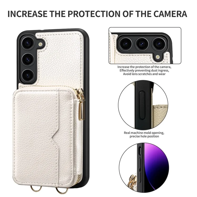Per Samsung Galaxy S24 Case PU Leather+TPU Zipper Wallet Kickstand Cover with Chain Strap - White