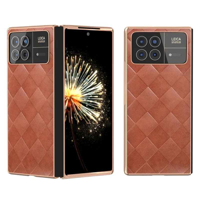 For Xiaomi Mix Fold 3 5G Case Grid Texture Leather+PC Electroplating Phone Cover - Brown