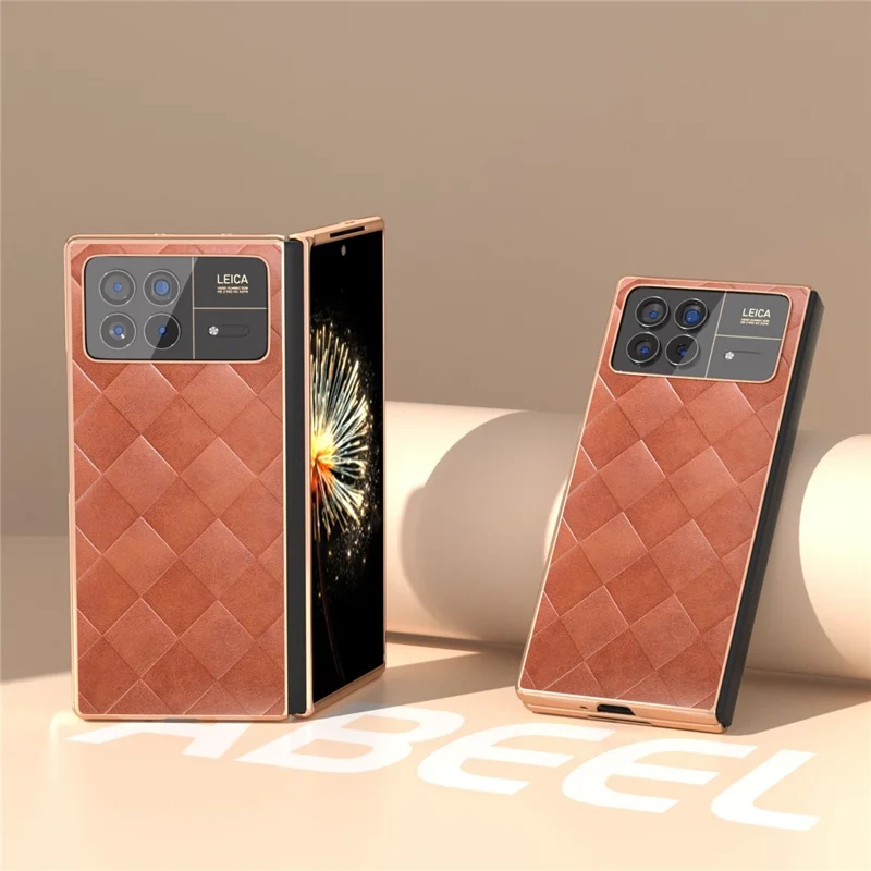 For Xiaomi Mix Fold 3 5G Case Grid Texture Leather+PC Electroplating Phone Cover - Brown