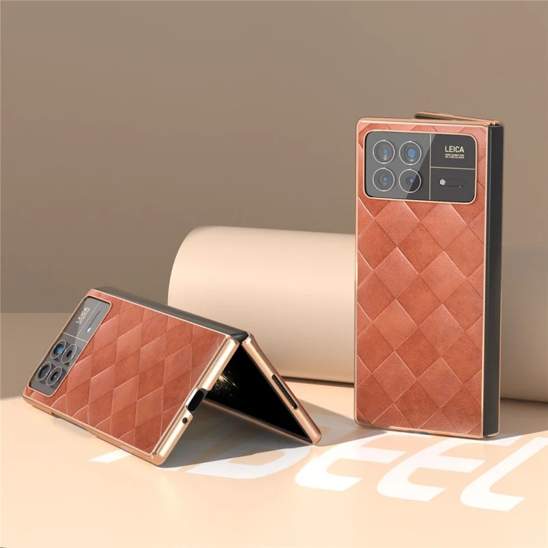 For Xiaomi Mix Fold 3 5G Case Grid Texture Leather+PC Electroplating Phone Cover - Brown