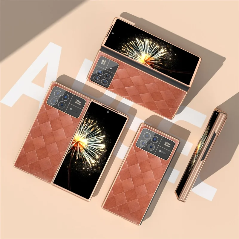 For Xiaomi Mix Fold 3 5G Case Grid Texture Leather+PC Electroplating Phone Cover - Brown