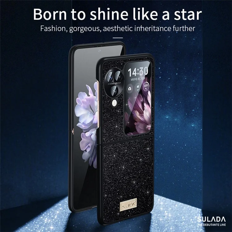 SULADA для Oppo Find N3 Flip 5G Чехол с блестками и пайетками, кожаное покрытие из ПК + ТПУ - черный